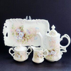 Vintage Hand Painted Floral Coffee Serving Set Pansy Flower Embossed Shabby Chic